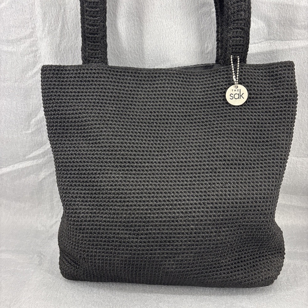 THE SAK Black XL Crochet 2 Handle HOBO Bag‎ 3 Compartment Magnetic Closure Heavy
